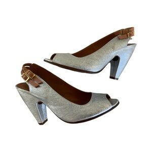 Chie Mihara Silver Foil Leather Peep Toe Heels *NEW* Sz 36